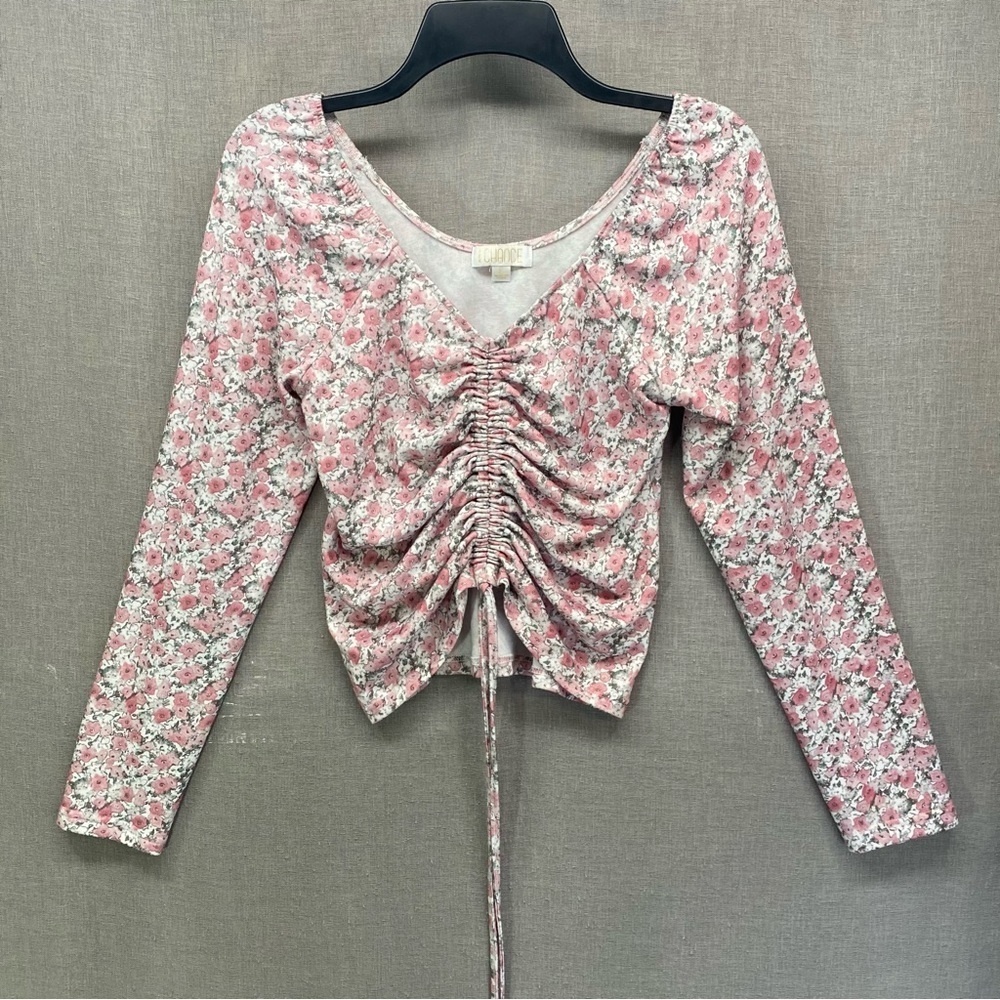 Chance Crop Top Long Sleeve Deep V-Neck Floral Pattern Pink Women Size | L‎